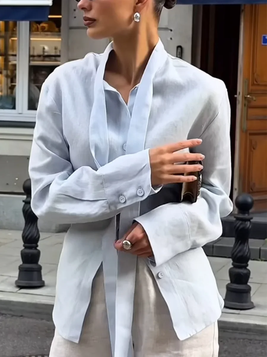 

Fmxires 2025 100% Cotton New Autumn Tie Belted Shirt Women's Floating Ribbon Cardigan Top Commuting Slim Blouse Women