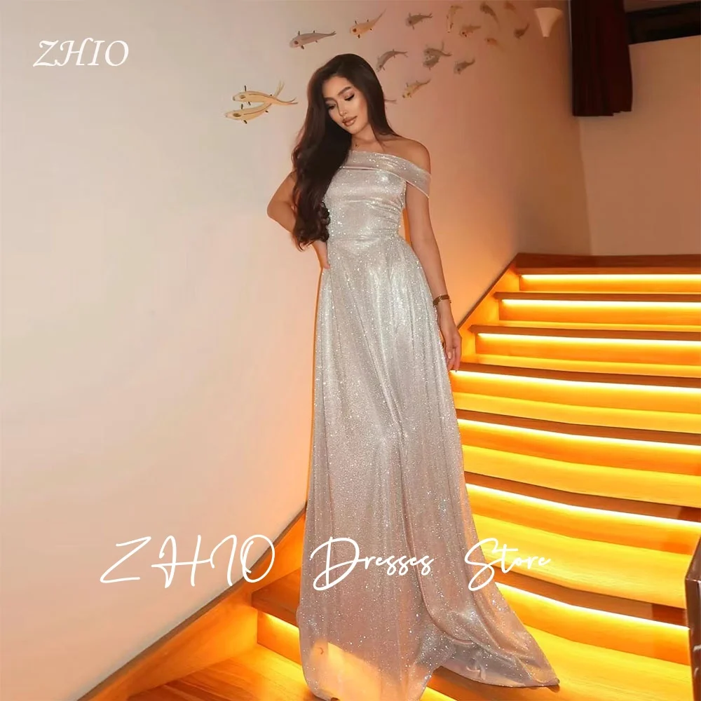 ZHIO Shiny Off Shoulder Evening Dresses Ivory A-Line Sweep Train Satin Formal Occasion Gown Birthday Party Dress Customized