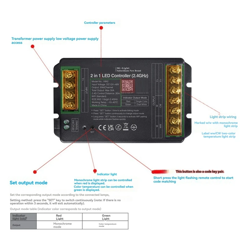 Kontroler LED 2IN1 2.4Gwifi + kontroler RF duży prąd maks. 30A dla jednokolorowej/podwójnej bieli/RGB/RGBW/RGB/CCT taśmy Led