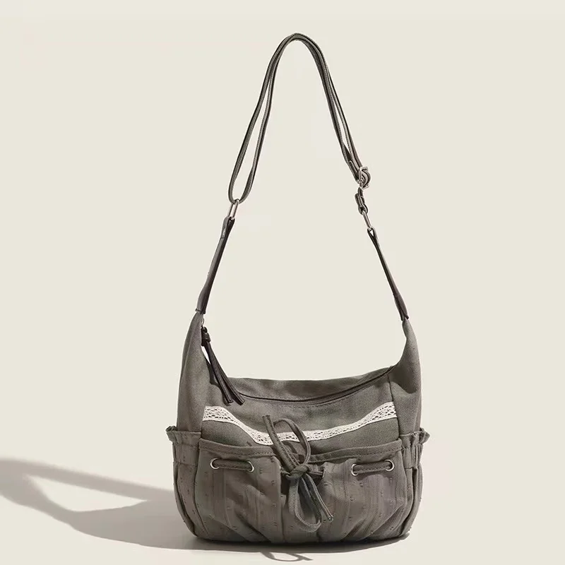 Korean Bow Canvas Crossbody Bags Women Fashion Vintage Drawsting Shoulder Bag 2024 New Casual Y2k New Retro Ladies Messenger Bag