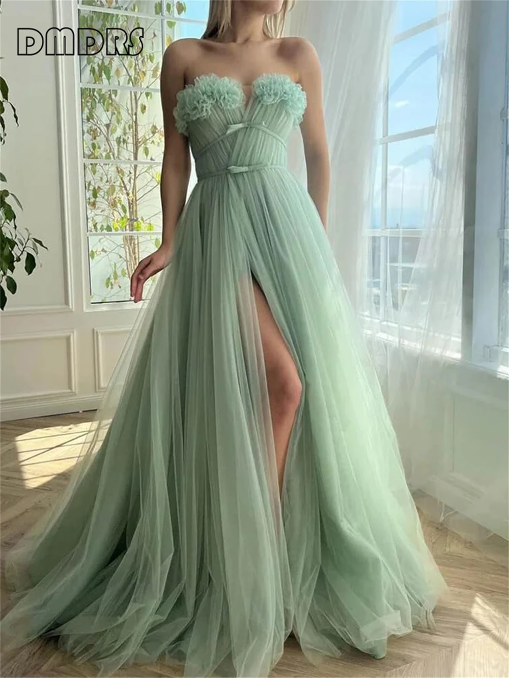 

Tulle Strapless Long Prom Dresses for Women, Flower Ball Gowns, Split Formal Dresses, Quinceanera Dresses, 100 Colors