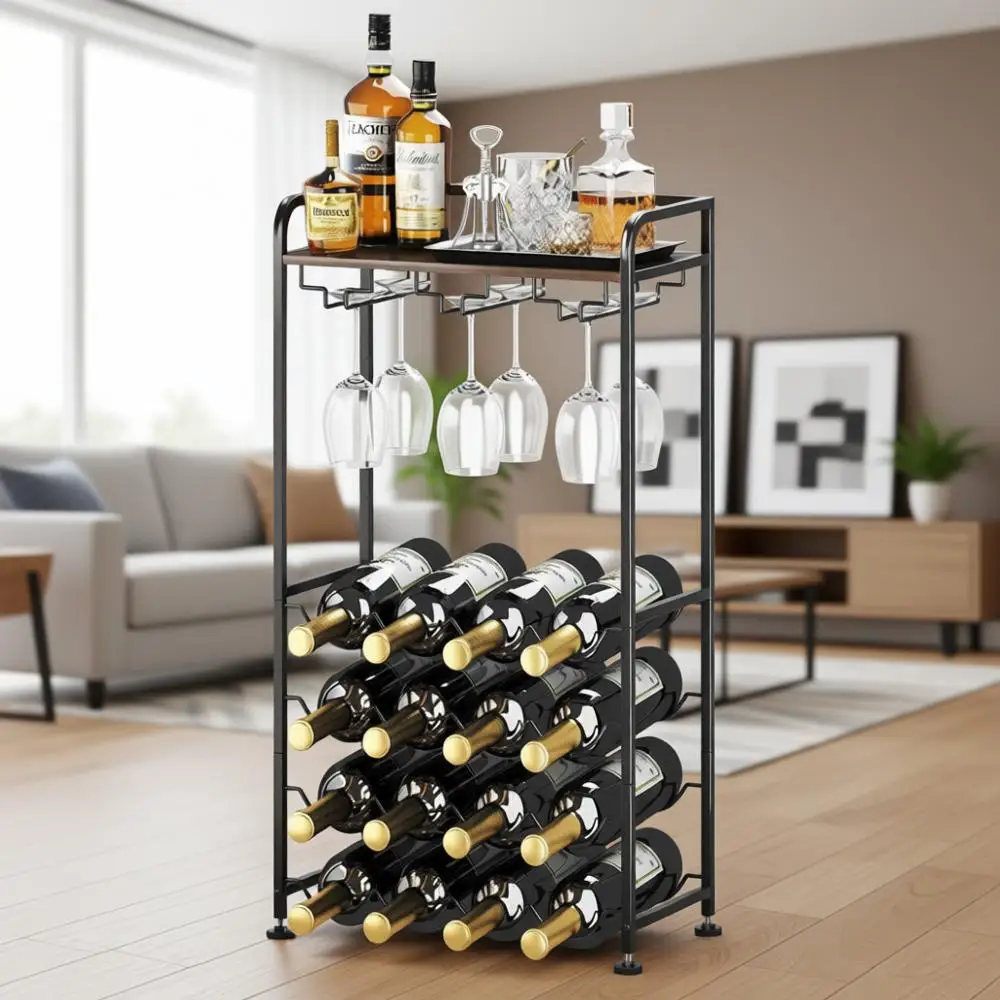 

Отдельностоящая винная стойка на 16 бутылок: элегантный дизайн из дерева и металла для кухни, столовой, дома или офиса