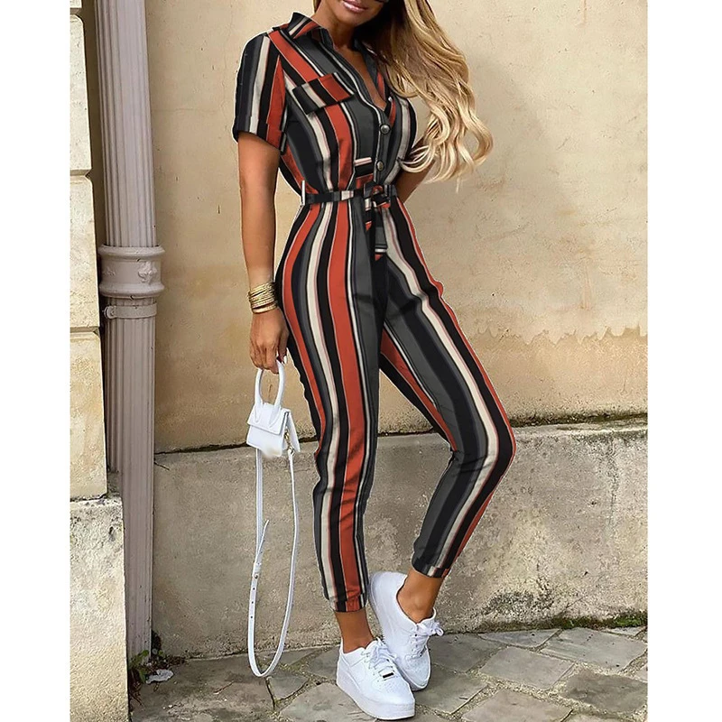 Letters Printed Black Casual Short Sleeve Cargo Long Pants Jumpsuits With Belt Women Summer Half Button Female Overalls Jumpsuit