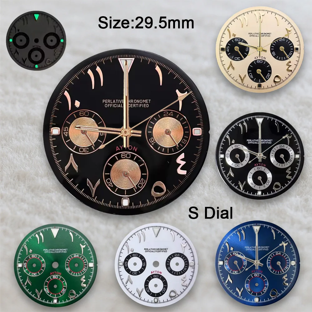 New 29.5mm S Logo DTN Arab Panda Dial Fit VK63 Movement Green Luminous Dial Watch Modification Accessories