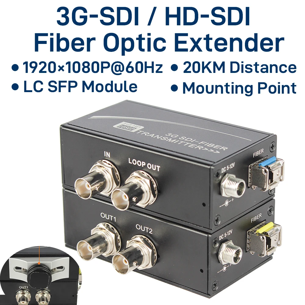 

3G-SDI over Fiber Optic Converter with SDI Loop Out & Dual BNC Outputs, LC Single-Mode, Broadcast Video Extender with Mounting B