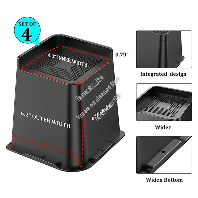 6Inch Table Risers Height Trapezoidal L Shape Half Top Spikes Bottom Rubber Strip King Bed Riser 4 Piece Furniture Riser-A57X