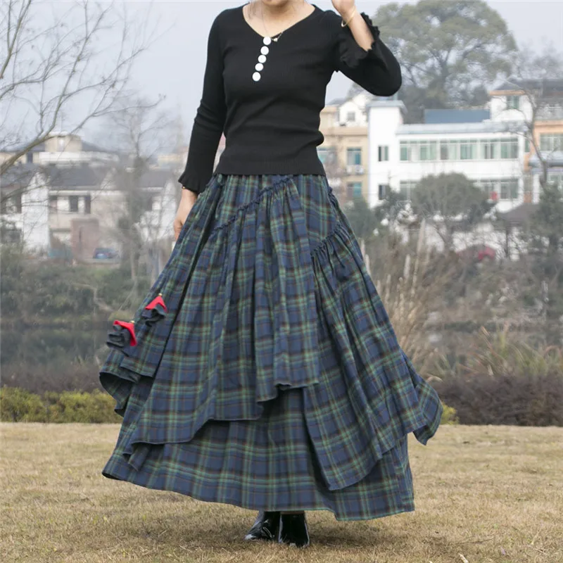 Women\'s Skirt 2022 Spring Autumn Winter New Plaid Skirts Elastic Waist A-Line Retro Elegant Swing Skirts Female Dance Clothes