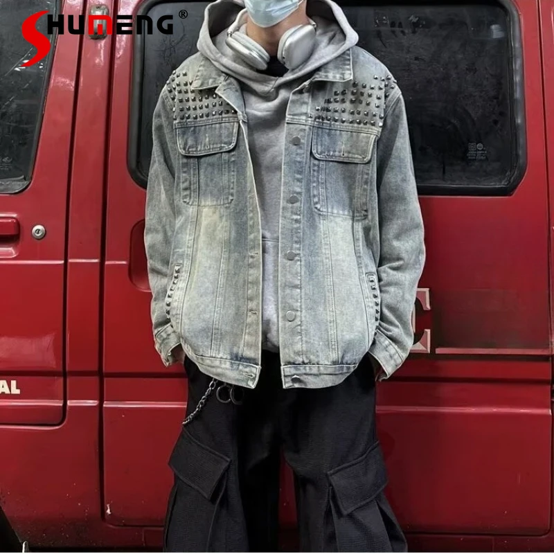 

Men's 2025 Autumn New High-End Denim Coats Male Trendy Rivet Tooling Jackets Motorcycle Jacket American Style Chic Denim Jackets