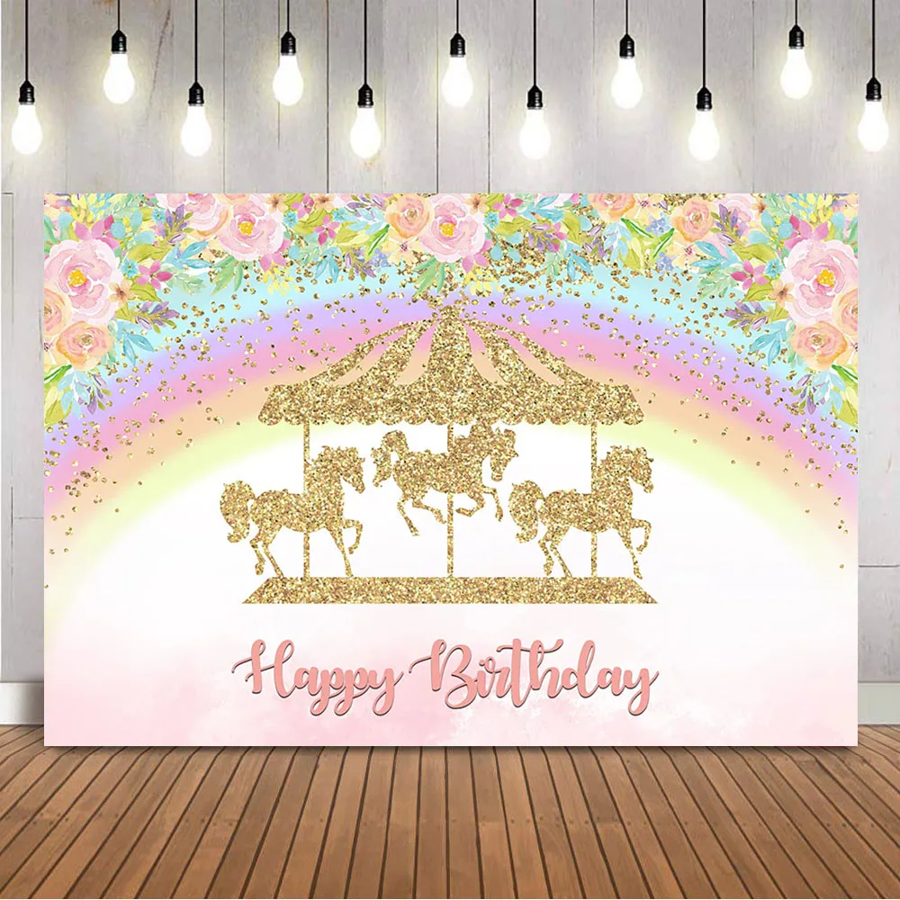 Carousel Floral Backdrop Happy Birthday Rainbow Kids Theme Party Background Gold Glitter Sprinkle Shining Pink Flowers Banner