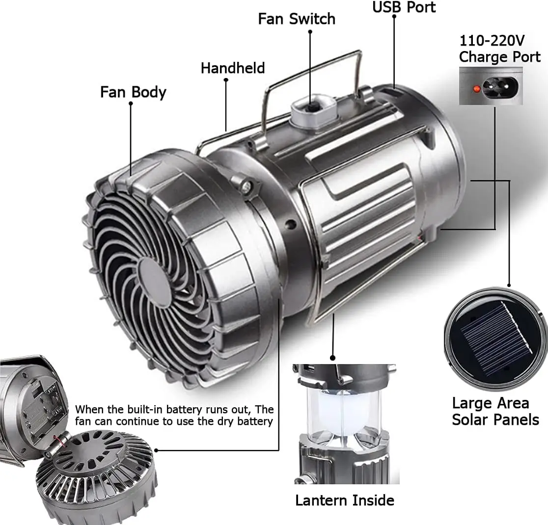 Imagem -04 - Led Solar Luzes de Acampamento Portátil Lâmpada Mão com Ventilador Elétrico Dobrável Recarregável Multifuncional Lanterna Banco Potência