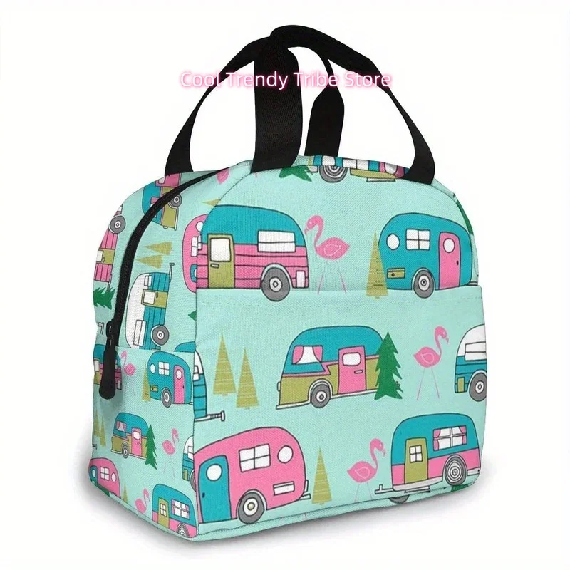 Insulated Cooler Tote Bag for Lunch Featuring a Happy Camper Flamingo Design, Equipped with a Front Pocket And Zipper Closure, S