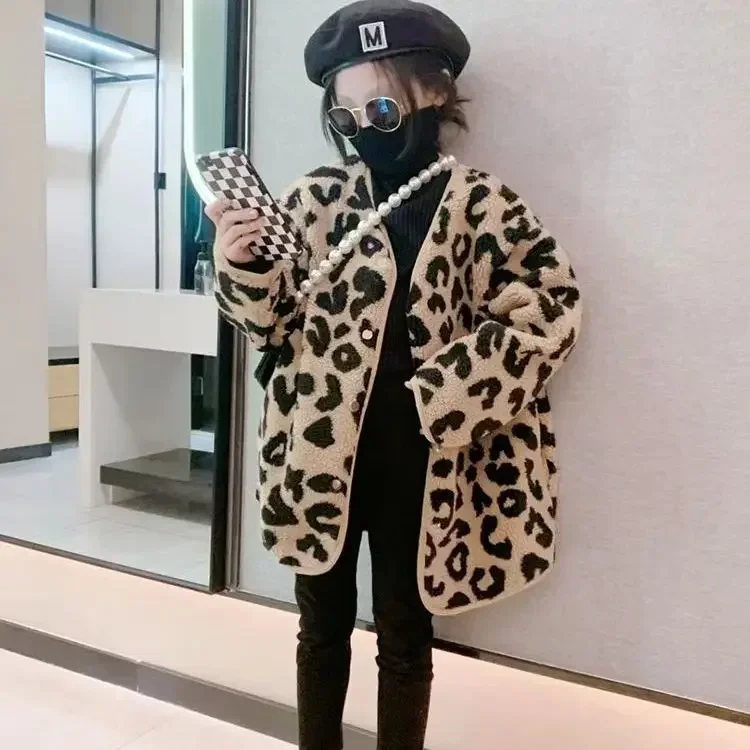 2024 Girls Popular Leopard Print Cardigan Jacket Autumn and Winter Stylish Children Korean Fur Integrated  New Top Trend