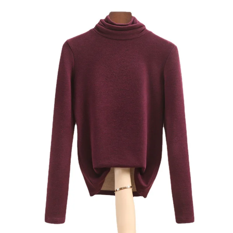 Wool silk pile collar base sweater women autumn winter new women's clothing inner layer added velvet heating warm top clothes