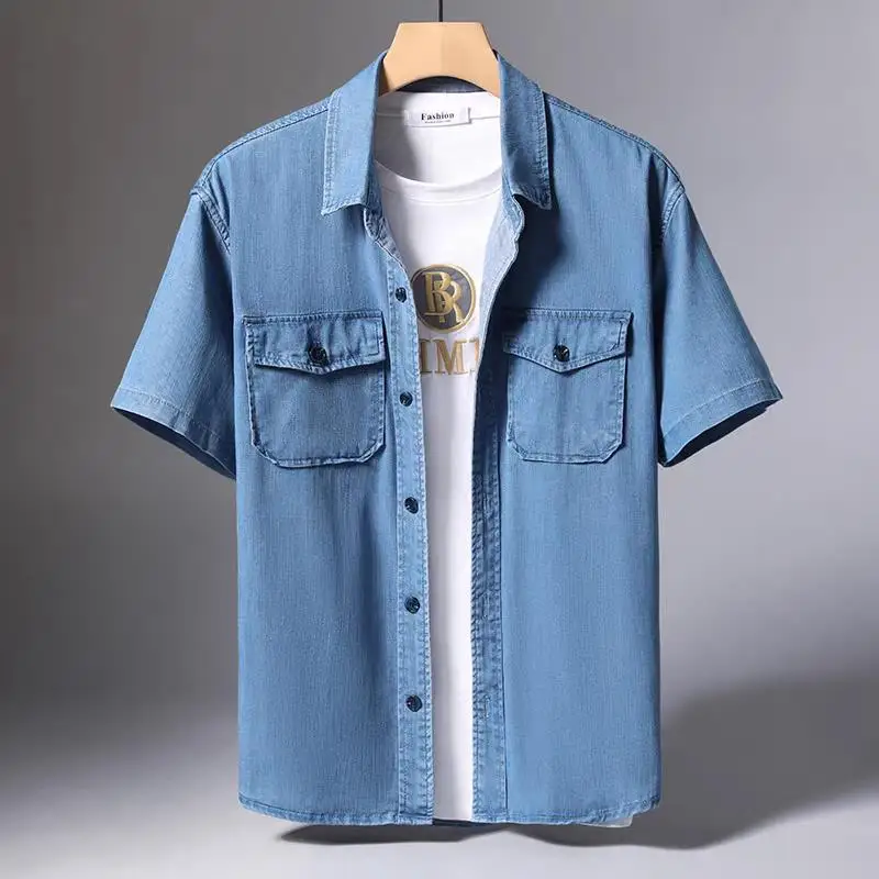 

Ultra-Thin Summer Ice Silk Men's Denim irt Casual f Sve Five-Sve T-irt Loose Fit Button Detail Youth Trend