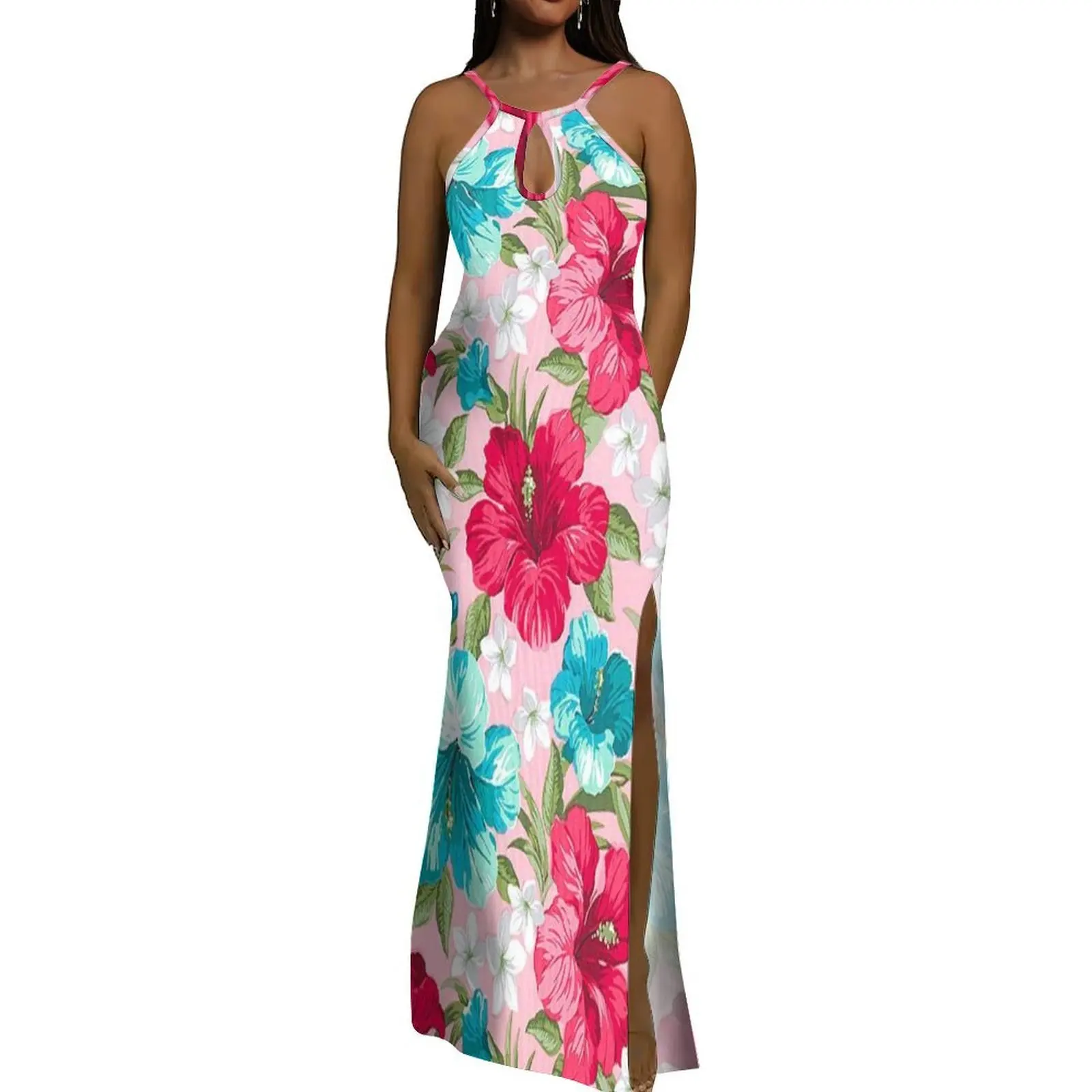 Vestido largo hasta el suelo con forma de gota de agua y cuello Halter para mujer polinesia, vestido de noche con patrón Floral hecho a medida, impresionante vestido de verano