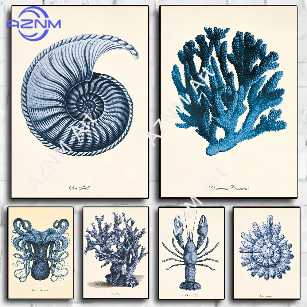 Blaues Meereslebewesen, Korallen-Garnelen-Poster, HD-Kunst, selbstklebende Wanddekoration, wasserfest, für Zuhause, Wohnzimmer, Schlafzimmer, Bar, ästhetische Dekoration