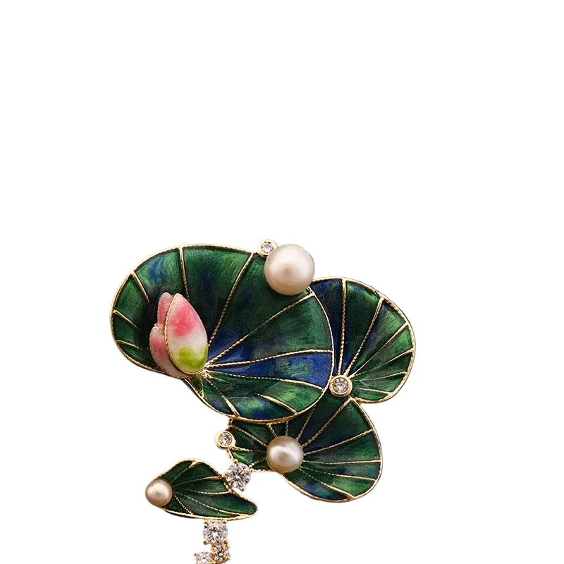 

New Chinese Style Brooch Fashion Lotus Leaf Flower Pearl Corsage Luxury Sweater Cheongsam Neckline Pin Fixed Accessories Jewelr