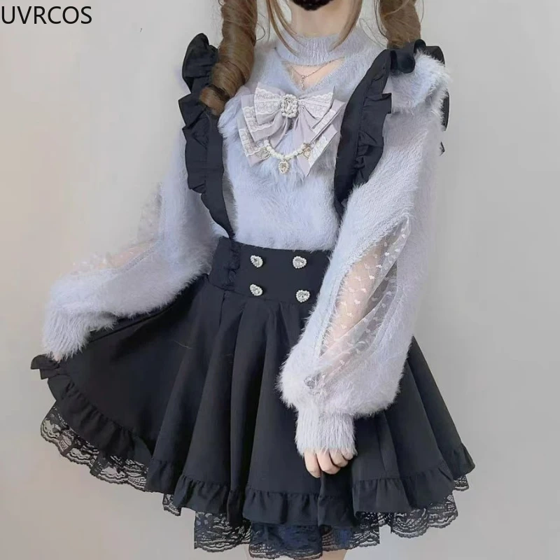 Japan Mass Production Sweet Lolita Gebreide Truien Dames Herfst Winter Wollen Parel Boog Korte Trui Zachte Harige Gebreide Jas