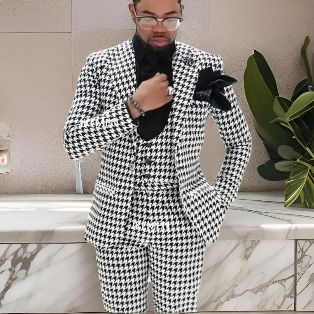 Houndstooth Men Suits Peak Lapel Wedding Tuxedo for Groom Single Button Prom Plaid Costume 2024 Custom Made Latest Design