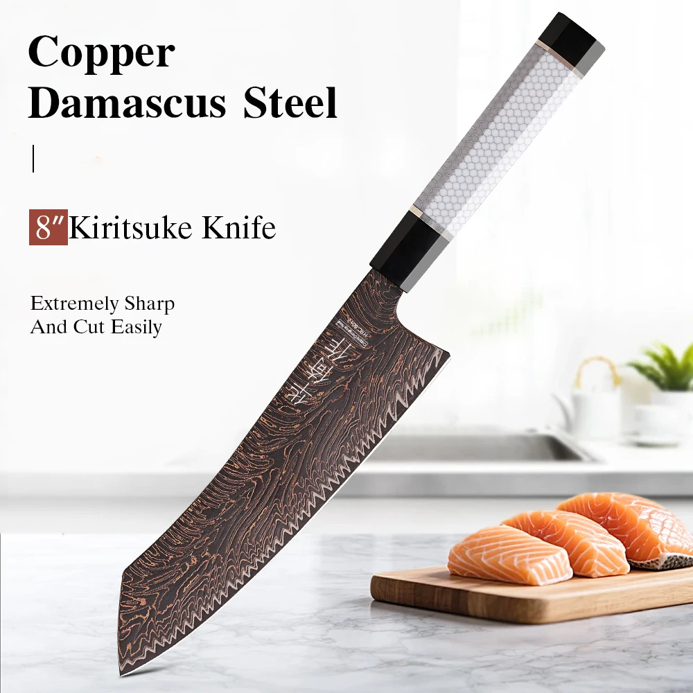 8-inch Kiritsuke Chef Knife Japanese 37 Layer Real Tricolour Copper Damascus Steel Santoku Kitchen Knives Slicing Cooking Tools