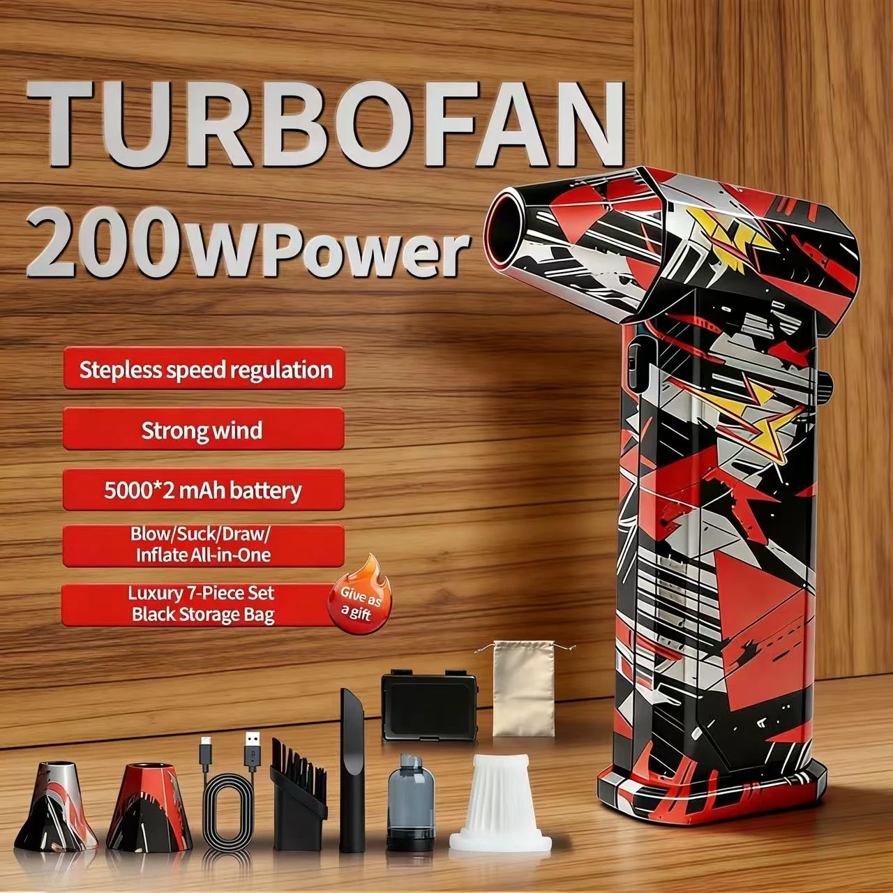

Brushless Vacuum X9 Silver-Black-Red Fan, 300000 RPM, 75m/s, Turbo Jet Blower/Car Wash Gun/Snow & Dust Remover