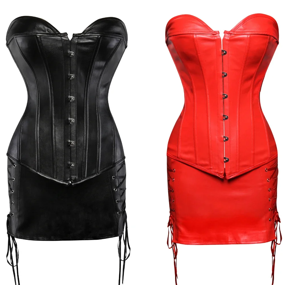 

Sexy Faux Leather Corset Dress Buckle Overbust Vintage Corsets Bustier with Mini Skirt Set Valentine Outfit for Women Plus Size