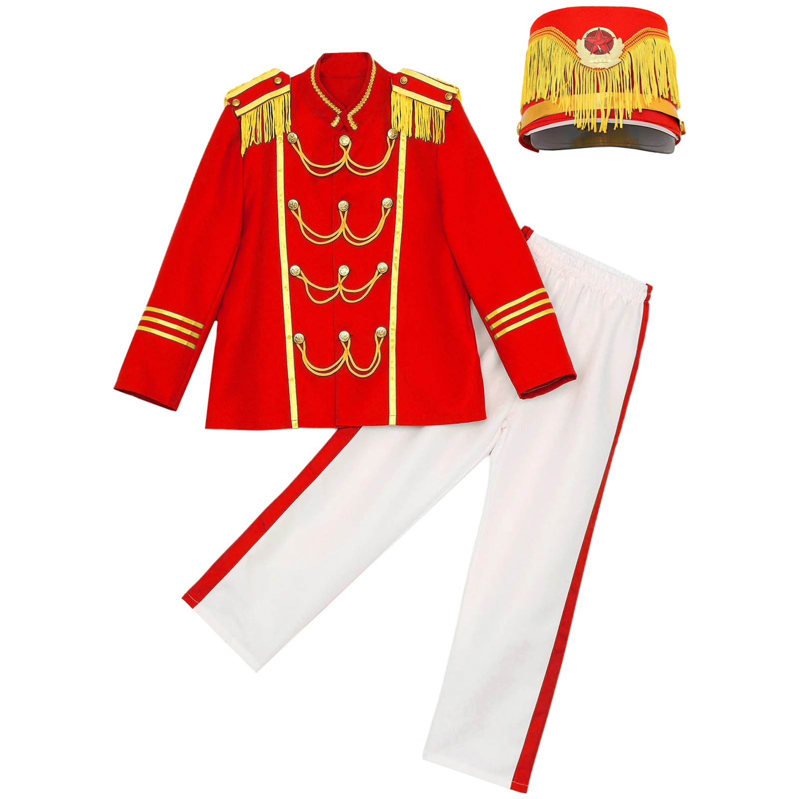 Unisex Girls Boys Drum Major Outfit Marching Band Uniform Suit Tassel Jacket Coat with Pants Hat Set for Drummer Performance