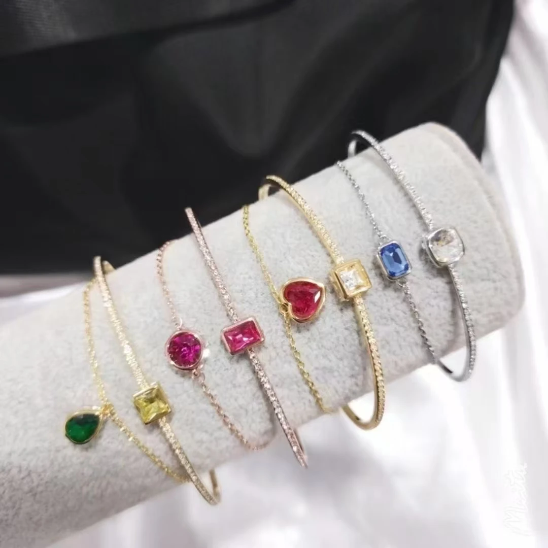 

2025 Sparkling Gemstone Bangles Heart/Square/Teardrop Shaped Stones Elegant Trendy Waterproof Jewelry For Women Gifts Non-fading
