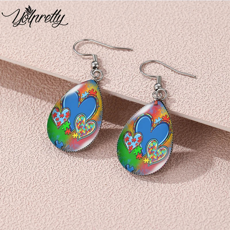 2023 New Arrival Autism Awareness Teardrop Hoop Earrings Dangle Hook Glass Cabochon Stainless Steel Earrings Jewelry