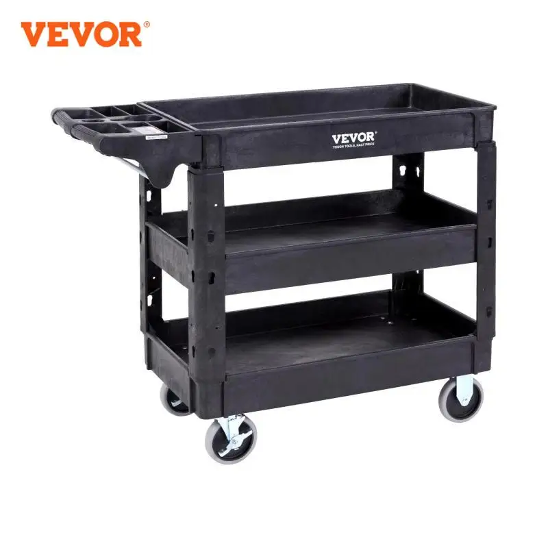 VEVOR 2/3 Shelf Utility Service Cart Heavy Duty with 360° Swivel Wheels Ergonomic Storage Handle for Warehouse/Garage/Cleaning