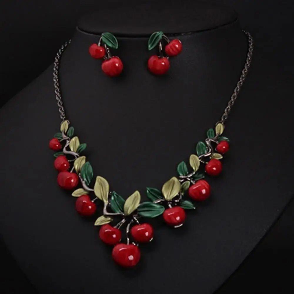 1 Set Jewelry Set for Women Vintage Red Cherry Fruit Jewelry Set Chic Bridal Necklace Earrings Gift Bridal Decoration Luxury