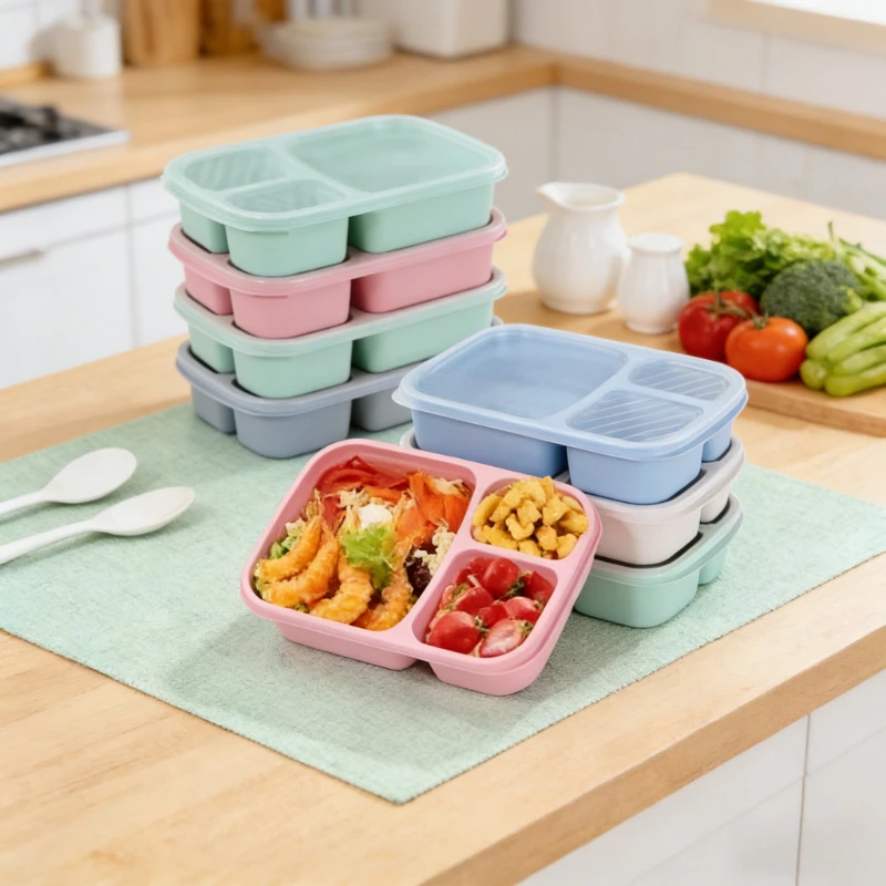 Contenedor de Almacenamiento de Alimentos de Paja de Trigo con 3 Compartimentos, Contenedor de Almuerzo con Tapa, Lonchera de Paja de Trigo, Contenedor Reutilizable para Preparación de Comidas