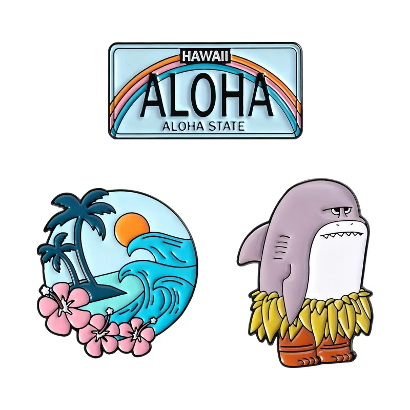 Enamel Pins Creative Brooch on Clothes Rainbow License Plate Island Coconut Tree Grass Skirt Shark Shaped Decoration Badge Pin