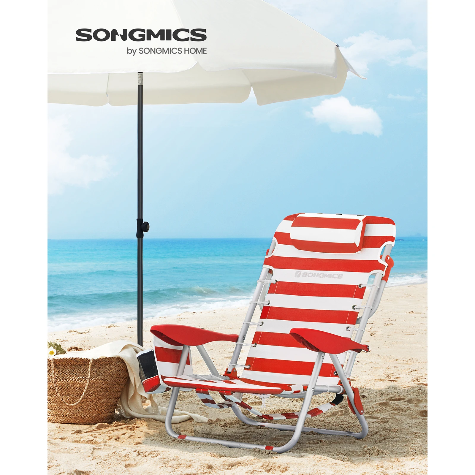 SONGMICS Beach Chair, Folding Camping Chair, Portable, Backpack Carry, Adjustable Backrest, Headrest, Armrest, 2 Side Pockets