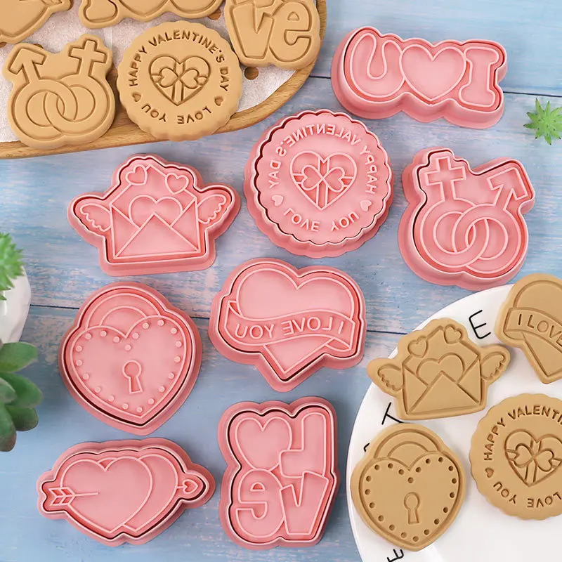 8 Pieces Valentine\'s Day Biscuit Mold LOVE Envelope Shape Sandwich Cookie Mold Plastic Cookie Cutter Cookie Stamps Baking Mold