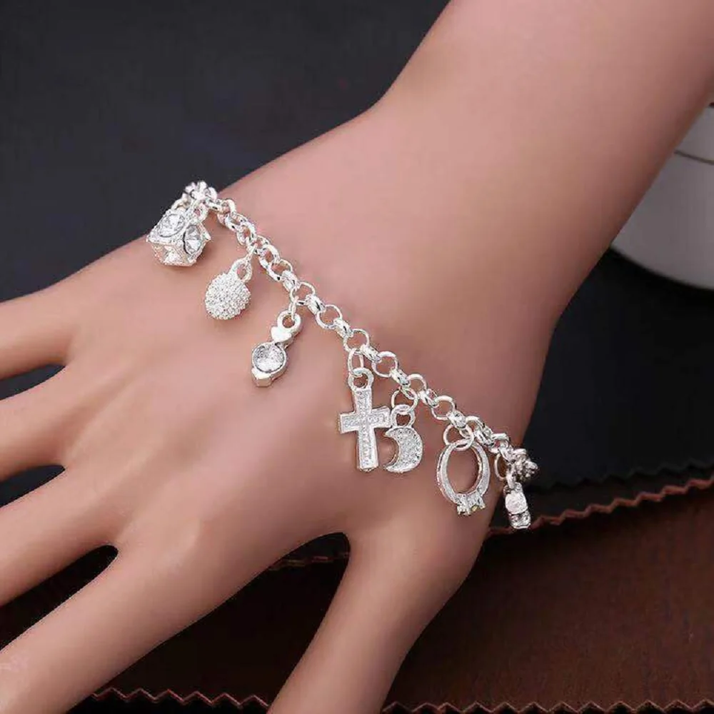 Silver Tone Charm Bracelet For Women, 13 Pendants Zinc Alloy Jewelry, Vintage Cross Heart Star Moon Lucky Gift view 3