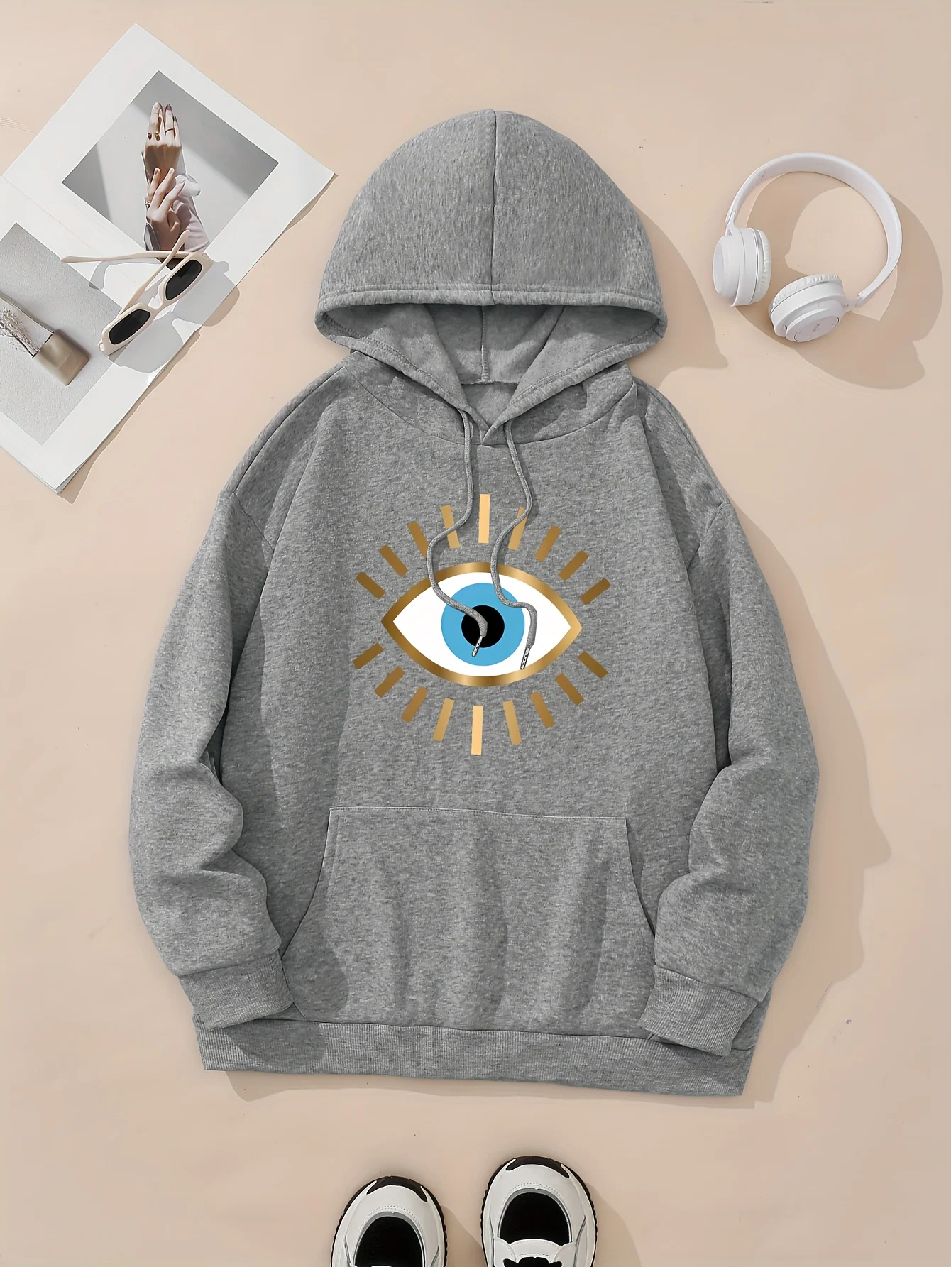 Big Eye Print Drawstring Hoodie, Casual Kangaroo Pocket Drop Shoulder Hooded Sweatshirt, Women's Clothing