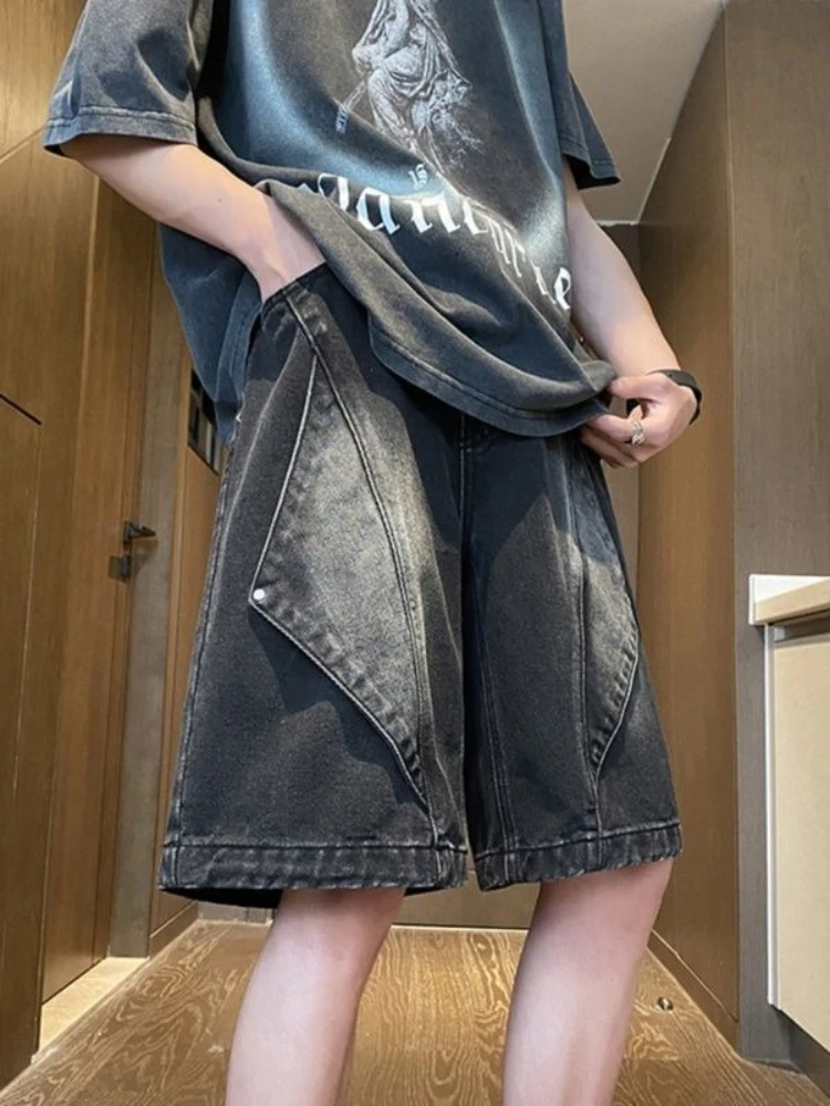Celana Pendek Denim Setengah Pria Celana Jeans Pendek Pria Longgar Retro Hitam dengan Saku Jorts Xl Pakaian Jalanan Mewah Desainer Populer Tipis