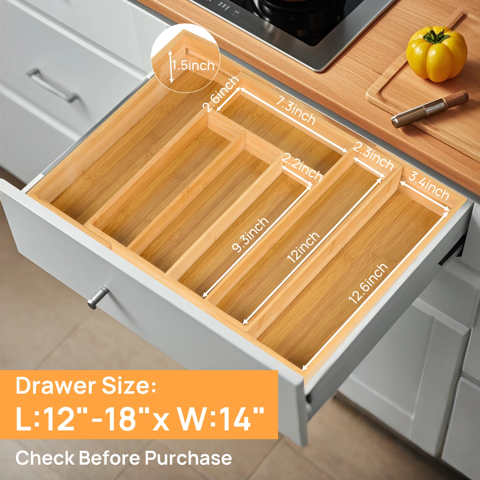 

Expandable Bamboo Kitchen Drawer Organizer -Adjustable Cutlery Tray for Utensils, Silverware, and Flatware – 5 to 7 Slots Bamboo