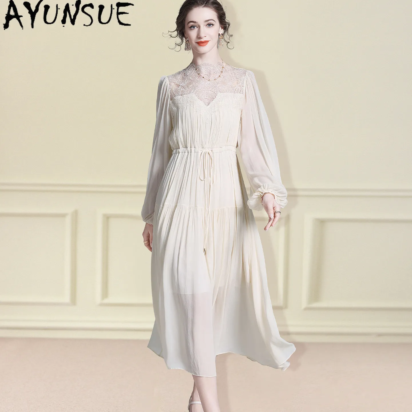 

AYUNSUE 100% Шелковое Элегантное Платье из Тутового Шелкопряда для Женщин, Коллекция Весна-Лето 2026, Пляжное Длинное Платье с Кружевом