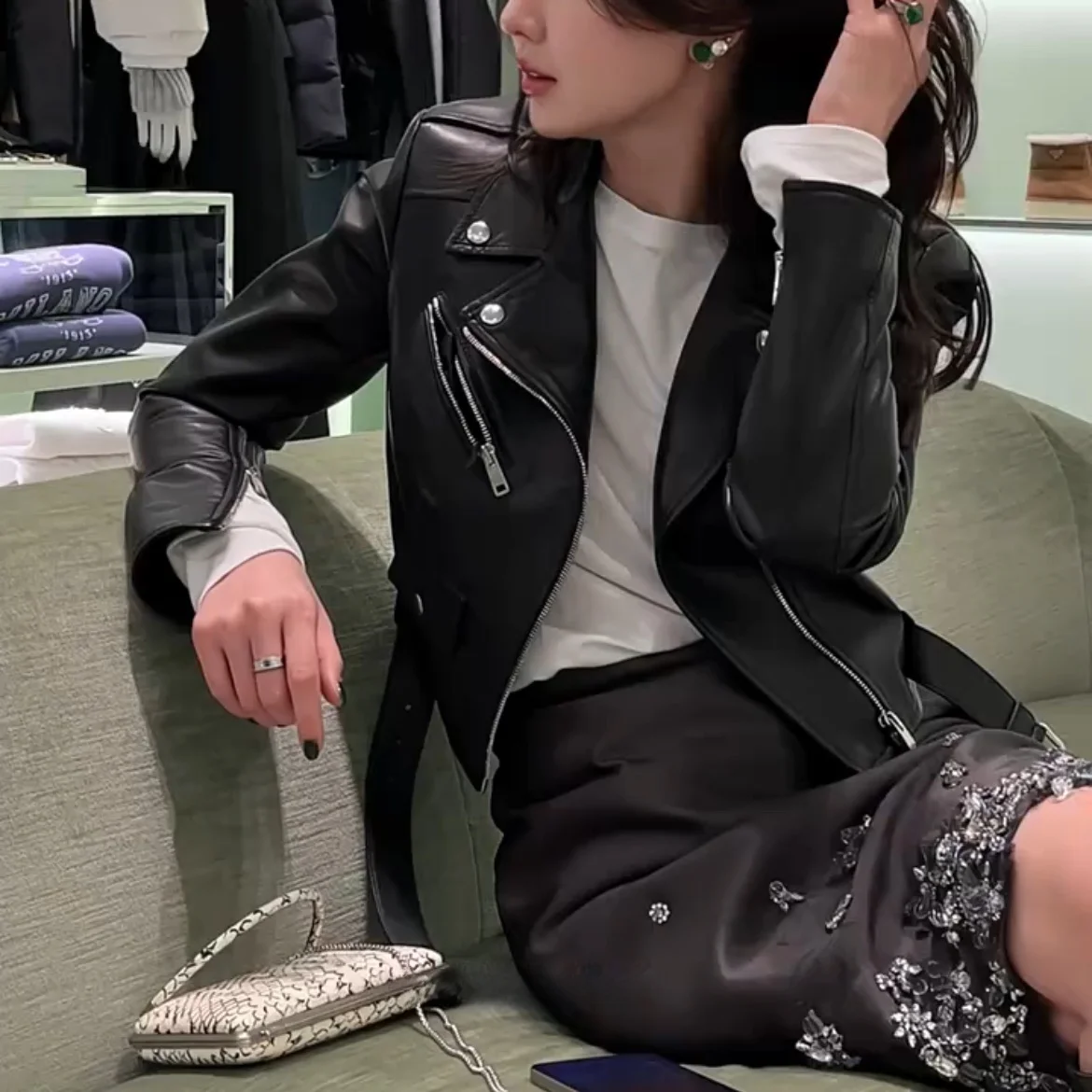 Jaet in pelle di eepskin a vita alta da donna Personali Sle Commute Cappotto lungo con cerniera Sve Abito da motociclista premium