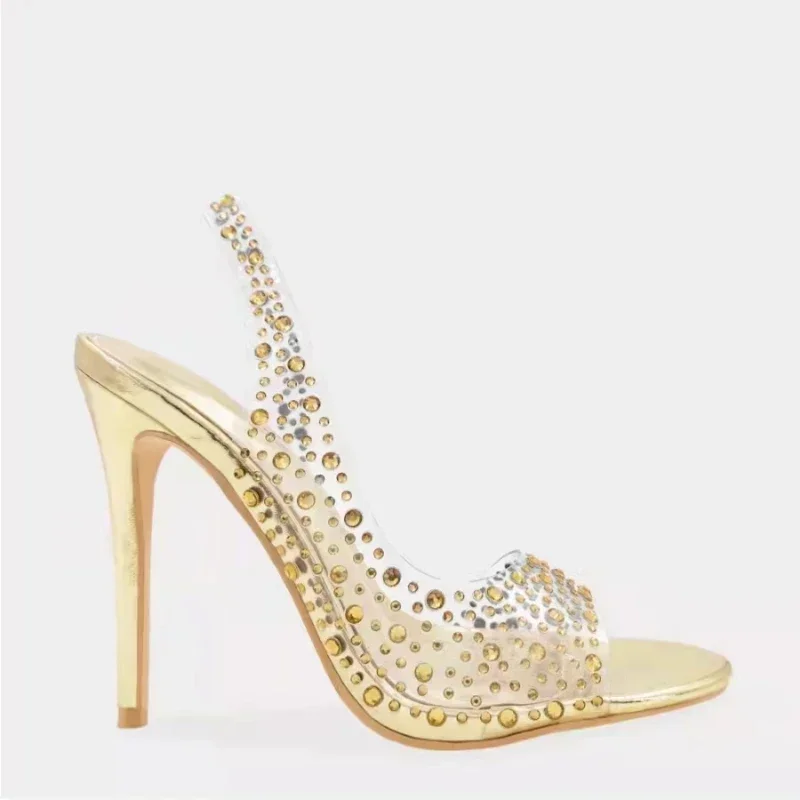Szampańskie srebrne złote kryształowe buty dla panny młodej przezroczyste pcv Bling Bling Rhinestone Slingback sandały imprezowe z wystającym palcem