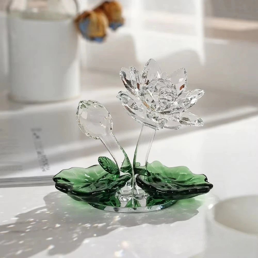 Elegant Crystal Lotus Flower Ornament with Green Leaves Feng Shui Inspired Tabletop Decoration for Home Wedding Gift and Office