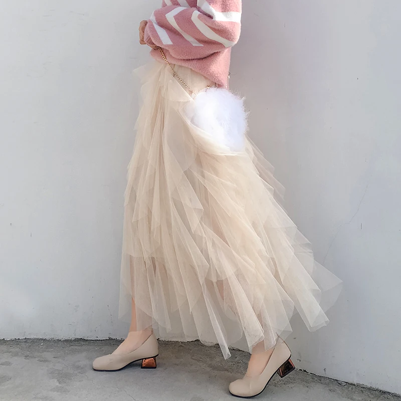 تنورات شبكية طويلة ذات مطوي من Seoulish للنساء ، خصر مرتفع ، لون ثابت ، عصري ، طويل ، لفصلي الربيع والصيف ، جديد ،