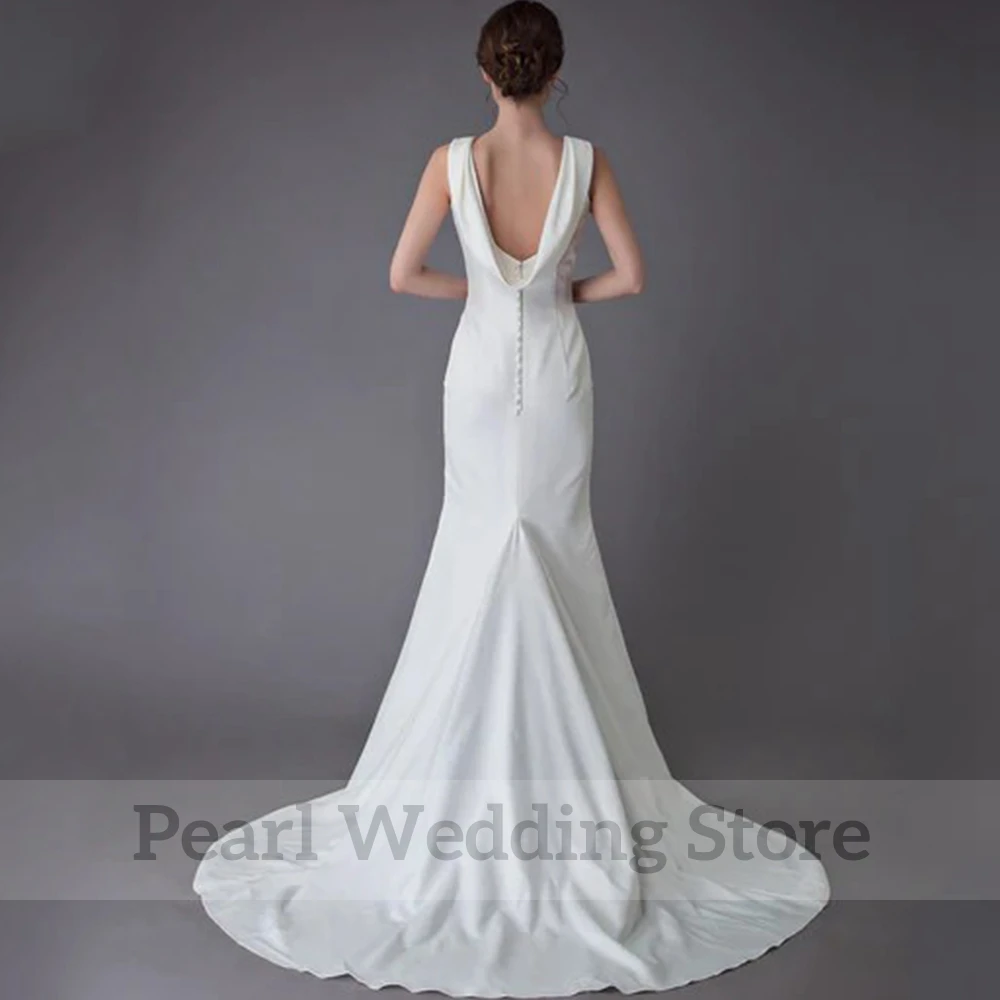 Classic Scoop Neck Sleeveless Wedding Dress Straight Mermaid Floor Length with Sweep Train Sexy Open Back with Buttons Gowns