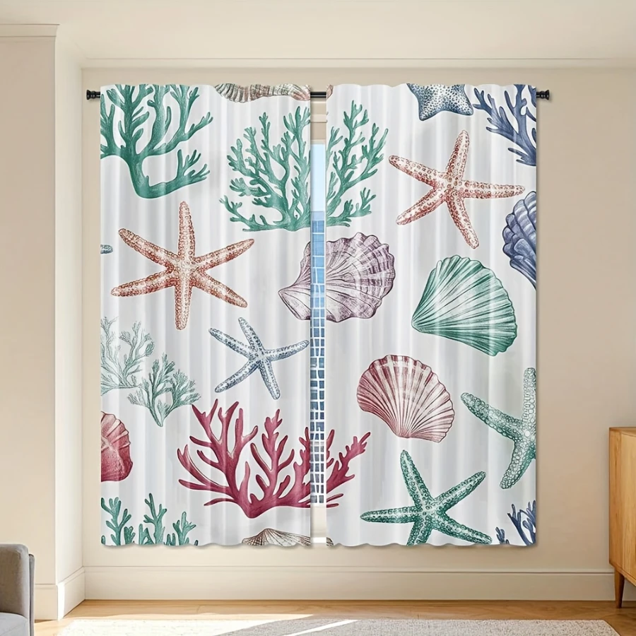 2PCS Digital Printed Curtains, Colorful Starfish Shells Design, Nautical Ocean Style for Living Room Bedroom Home Decor