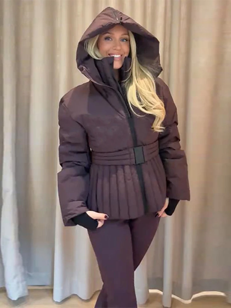 سيدة كامل الجسم بدلة تزلج مقنعين الوقوف الفراء طوق سستة حزام الخصر متوهج السراويل بذلة موضة غمد الرياضة شتاء 2025 ملابس التزلج