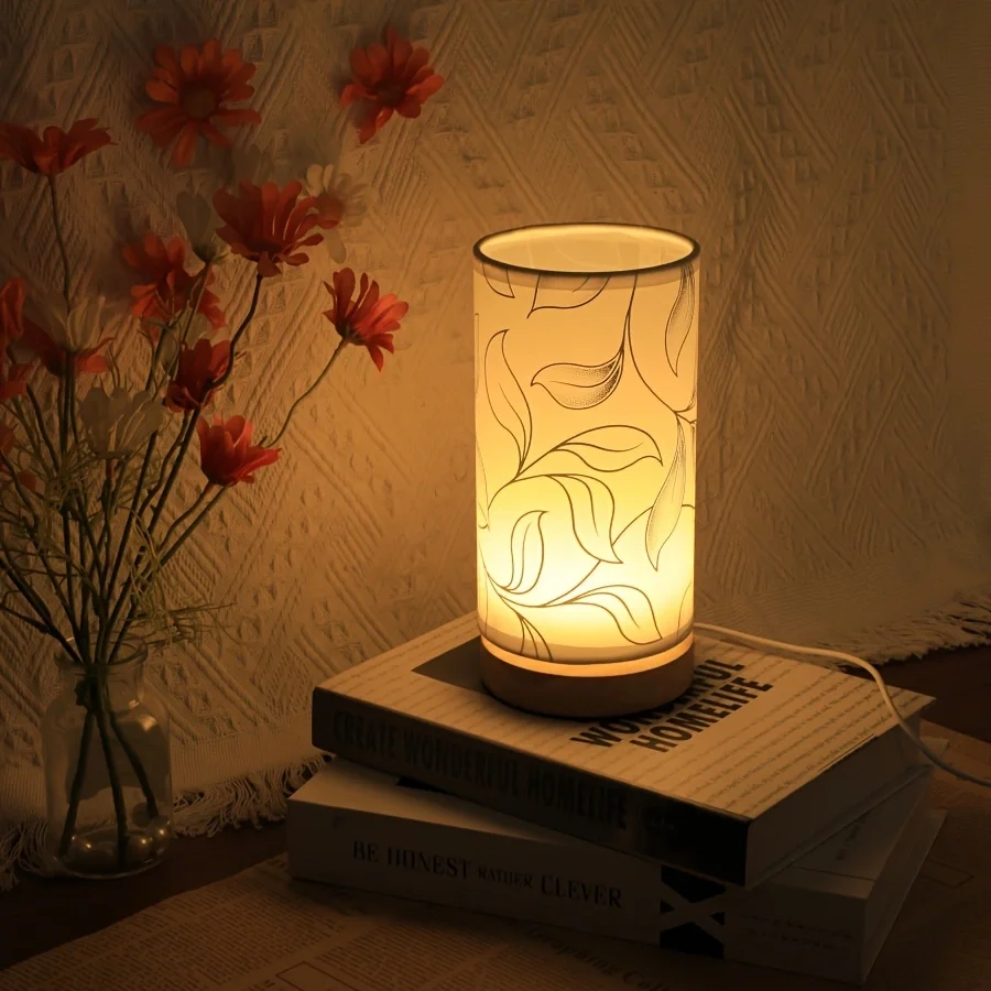 1pc Silver Leaf Desktop Fabric Table Lamp USB Powered Warm Light Monochromatic Bedside Night Light