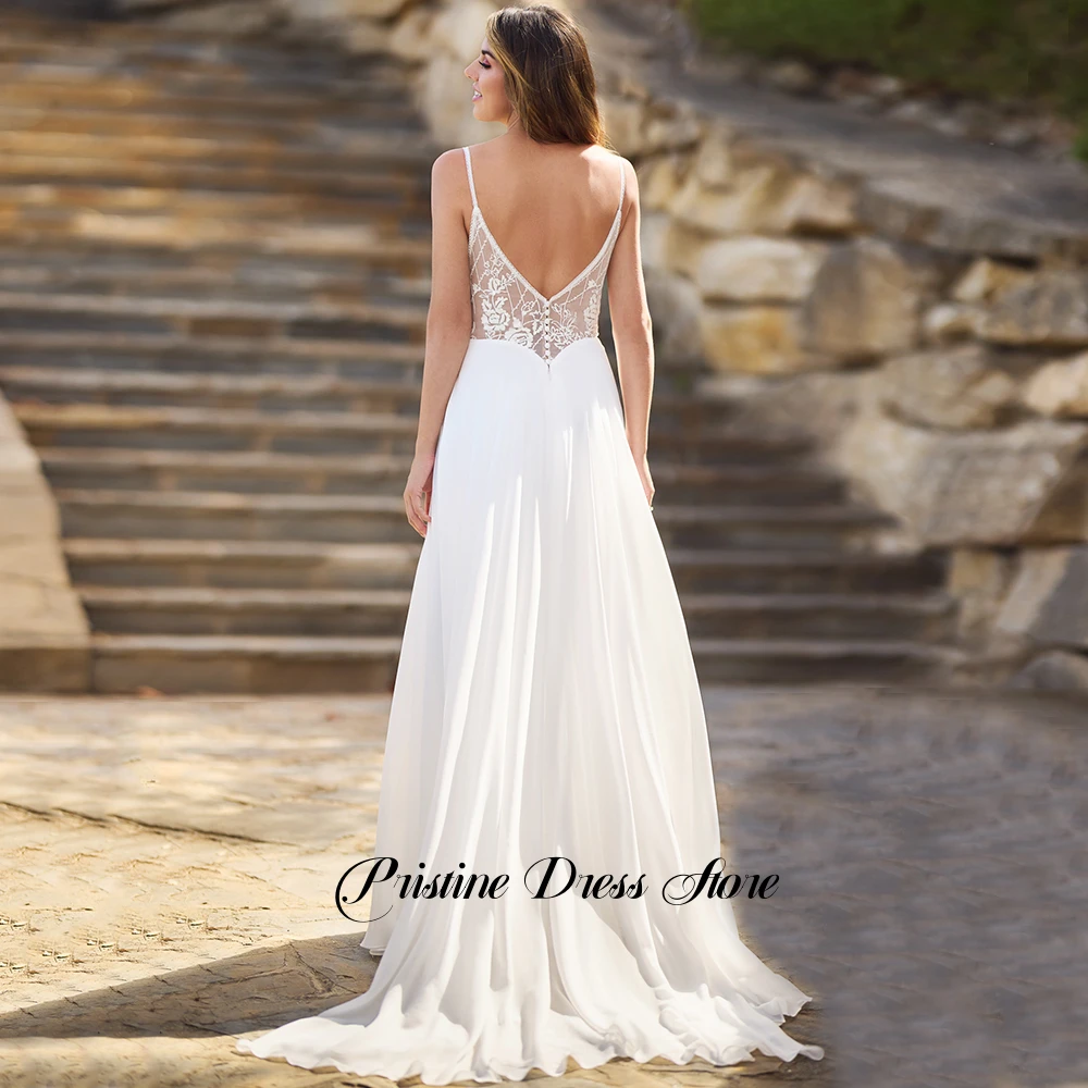 Romantic A-Line Spaghetti Straps Chiffon Wedding Dress for Brides Customized Appliques Lace Deep V-Neck Open Back Bridal Dress