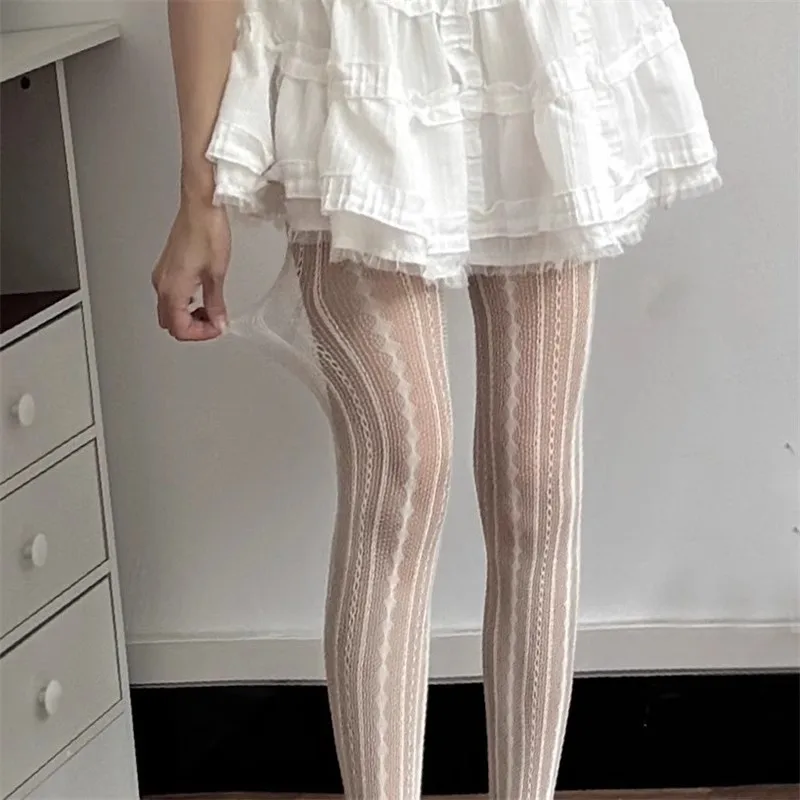 Women Sexy Lace Fishnet Pantyhose Lolita Style Hollow Out Design Red Silk Stockings JK High Waist Striped Tights Christmas Gifts